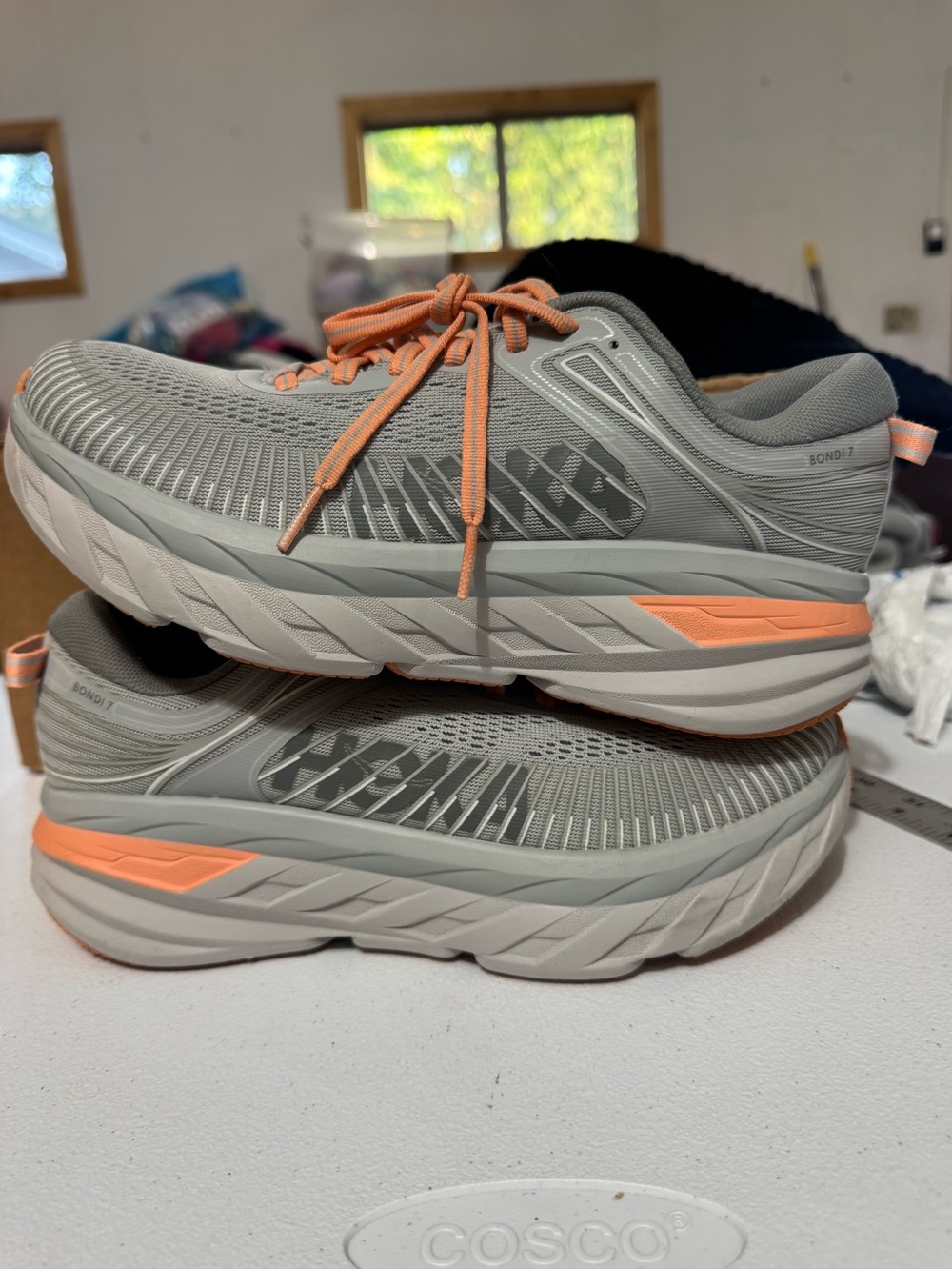 Hoka One One Women’s Bondi 7 Light Gray with Peach Athletic Running Shoes